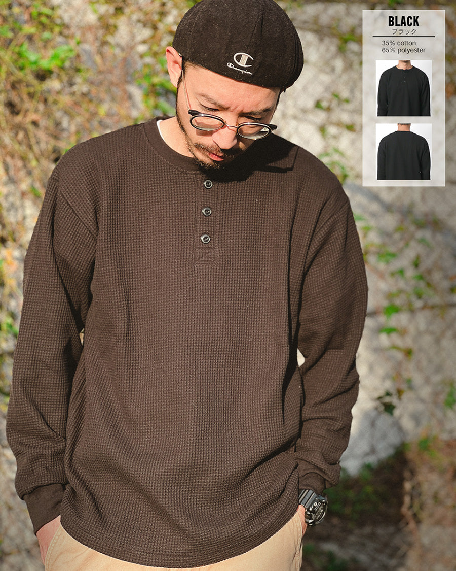 【大きいサイズ】MRU エムアールユー Tシャツ 長袖 大きいサイズ 秋冬 ヘンリーネック ワッフル 無地(6815030001)