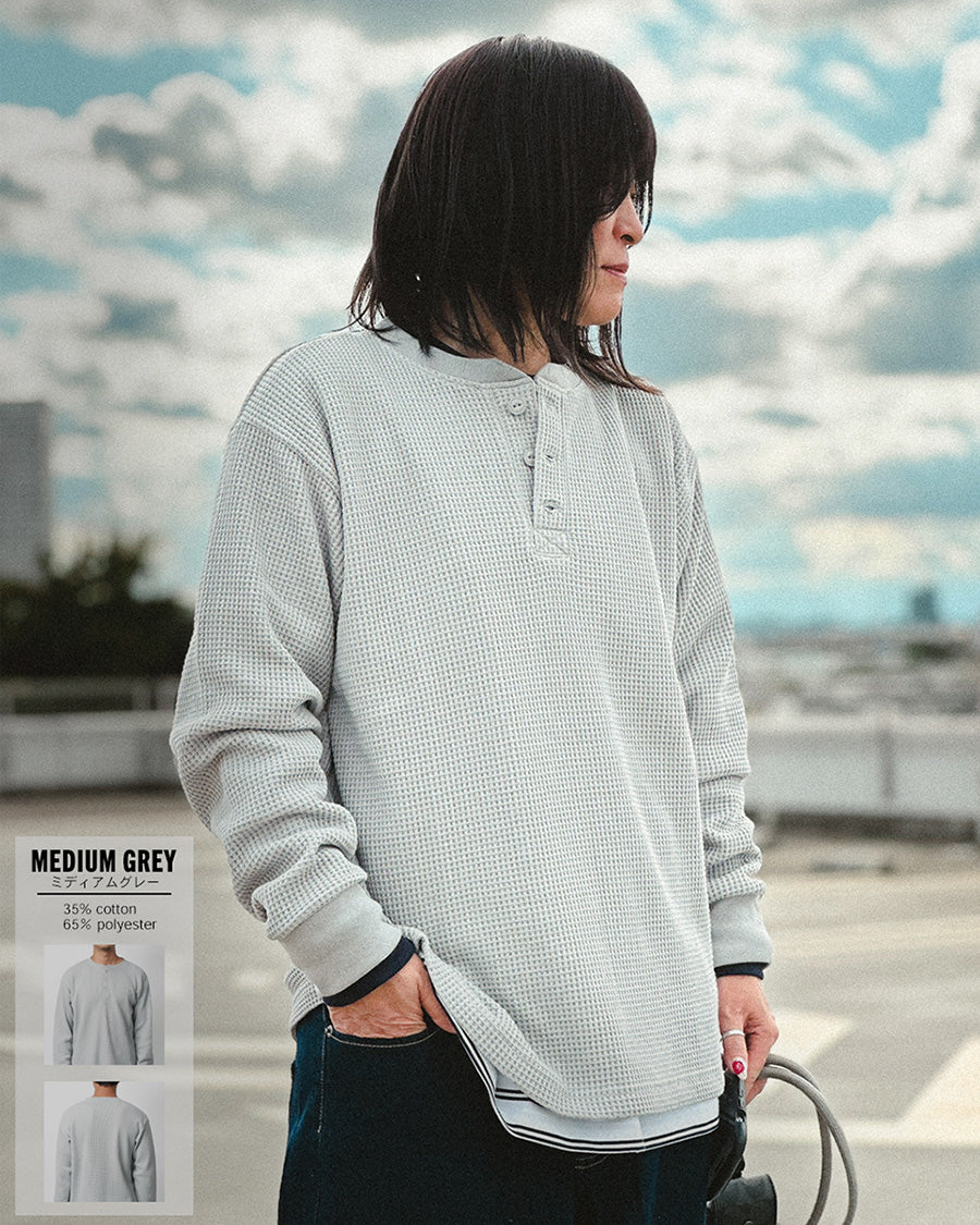 【大きいサイズ】MRU エムアールユー Tシャツ 長袖 大きいサイズ 秋冬 ヘンリーネック ワッフル 無地(6815030001)