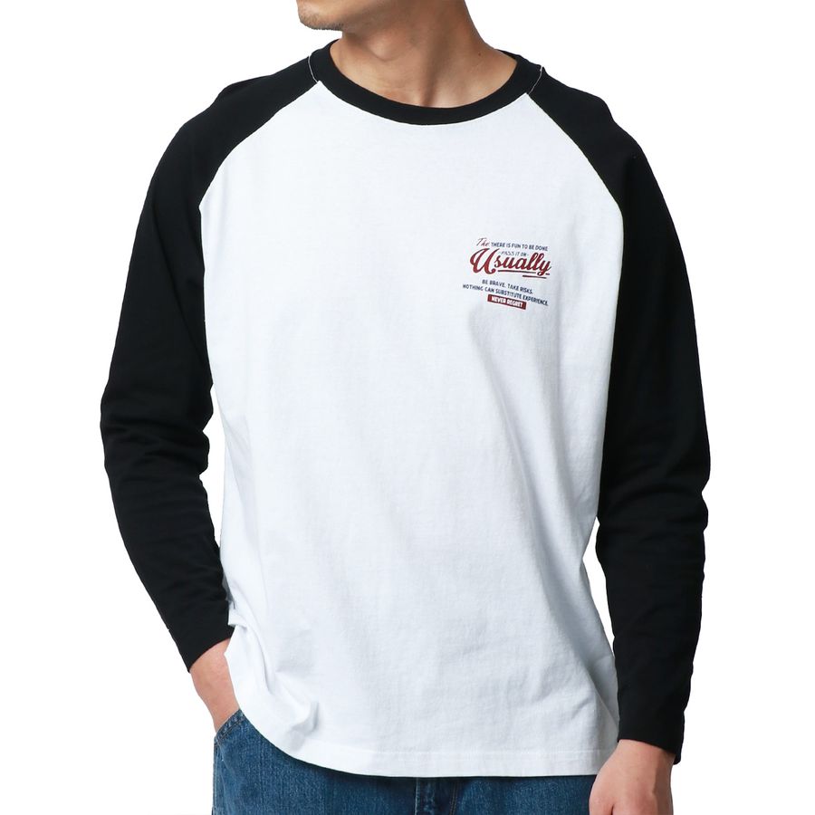 MRU エムアールユー Tシャツ メンズ 春服 ラグラン バック ロゴ プリント 長袖 ロンT(0115030046)