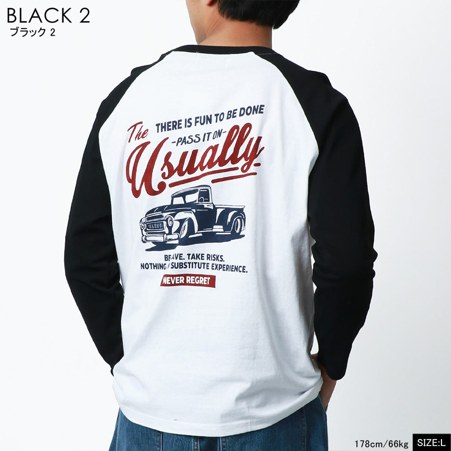 MRU エムアールユー Tシャツ メンズ 春服 ラグラン バック ロゴ プリント 長袖 ロンT(0115030046)