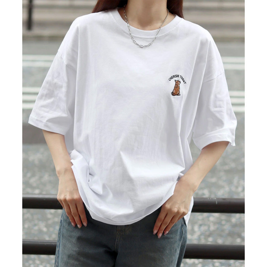 Lazar ラザル Tシャツ メンズ レディース ユニセックス 半袖 ビッグシルエット オーバーサイズ ロゴ ワンポイント 刺繍 アニマル柄 犬柄 猫柄 カットソー トップス(0115030059)