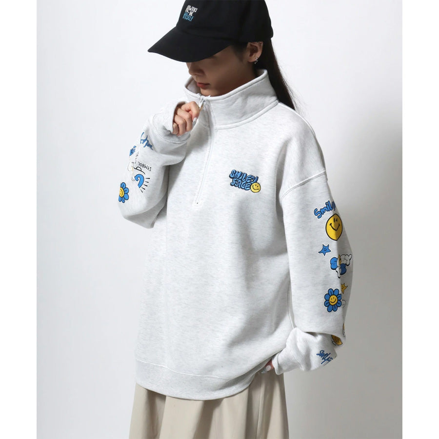 SMILEY FACE スマイリーフェイス スウェット トレーナー メンズ 裏起毛 ビッグシルエット ゆったり ハーフジップ シンプル ロゴ入り 長袖 大きいサイズ レディース(0122510147)