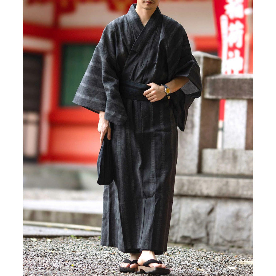 marukawa 簡単に着れる しじら織り 浴衣 メンズ 4点セット 浴衣スターターセット 本体 ワンタッチ帯 腰紐 巾着 無地 ストライプ ゆかた 和服 和装 レトロ モダン お祭り 七夕 花火大会 イベント (3192210021)