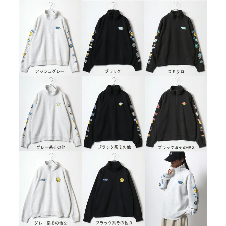 SMILEY FACE スマイリーフェイス スウェット トレーナー メンズ 裏起毛 ビッグシルエット ゆったり ハーフジップ シンプル ロゴ入り 長袖 大きいサイズ レディース(0122510147)