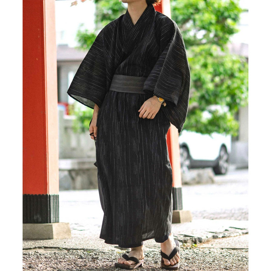 marukawa 簡単に着れる しじら織り 浴衣 メンズ 4点セット 浴衣スターターセット 本体 ワンタッチ帯 腰紐 巾着 無地 ストライプ ゆかた 和服 和装 レトロ モダン お祭り 七夕 花火大会 イベント (3192210021)