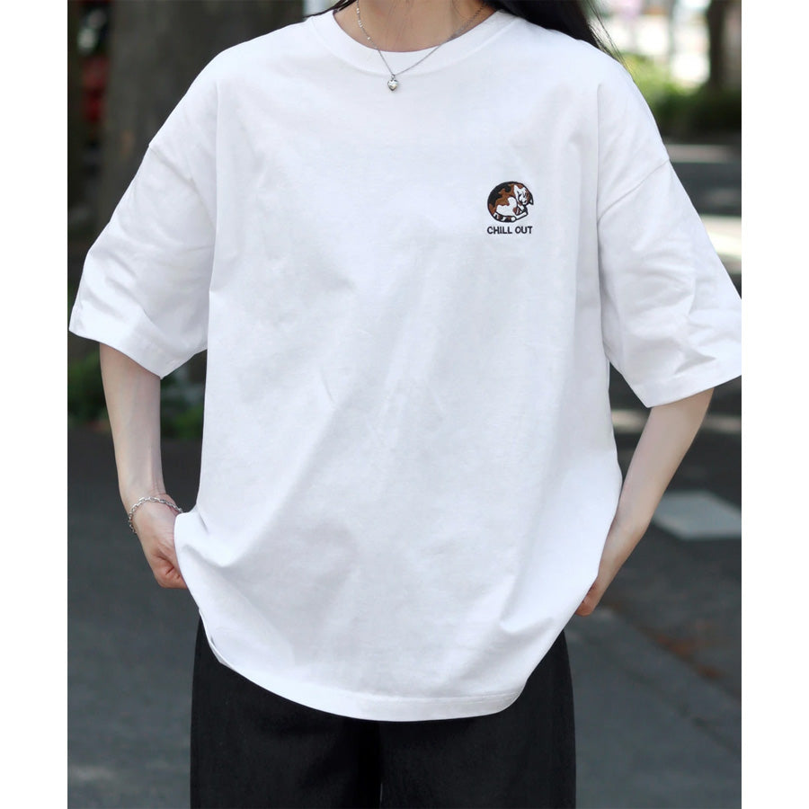 Lazar ラザル Tシャツ メンズ レディース ユニセックス 半袖 ビッグシルエット オーバーサイズ ロゴ ワンポイント 刺繍 アニマル柄 犬柄 猫柄 カットソー トップス(0115030059)