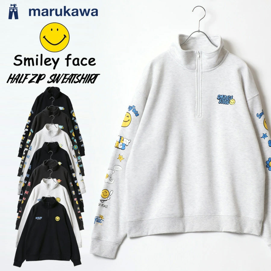 SMILEY FACE スマイリーフェイス スウェット トレーナー メンズ 裏起毛 ビッグシルエット ゆったり ハーフジップ シンプル ロゴ入り 長袖 大きいサイズ レディース(0122510147)