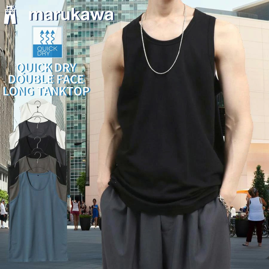 marukawa ドライ ダブルフェイス ポンチ タンクトップ メンズ レディース ユニセックス ロング丈 袖なし カットソー トップス インナー 速乾性 ストレッチ イージーケア素材 とろみ 快適 着心地 ベーシック シンプル ミニマル(0183010004)
