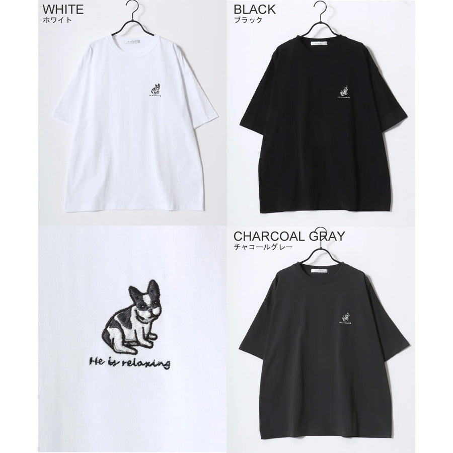 Lazar ラザル Tシャツ メンズ レディース ユニセックス 半袖 ビッグシルエット オーバーサイズ ロゴ ワンポイント 刺繍 アニマル柄 犬柄 猫柄 カットソー トップス(0115030059)