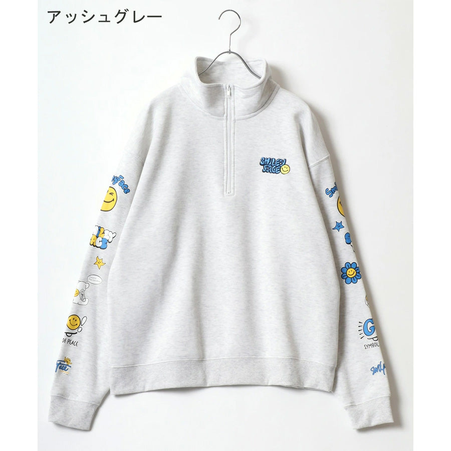 SMILEY FACE スマイリーフェイス スウェット トレーナー メンズ 裏起毛 ビッグシルエット ゆったり ハーフジップ シンプル ロゴ入り 長袖 大きいサイズ レディース(0122510147)