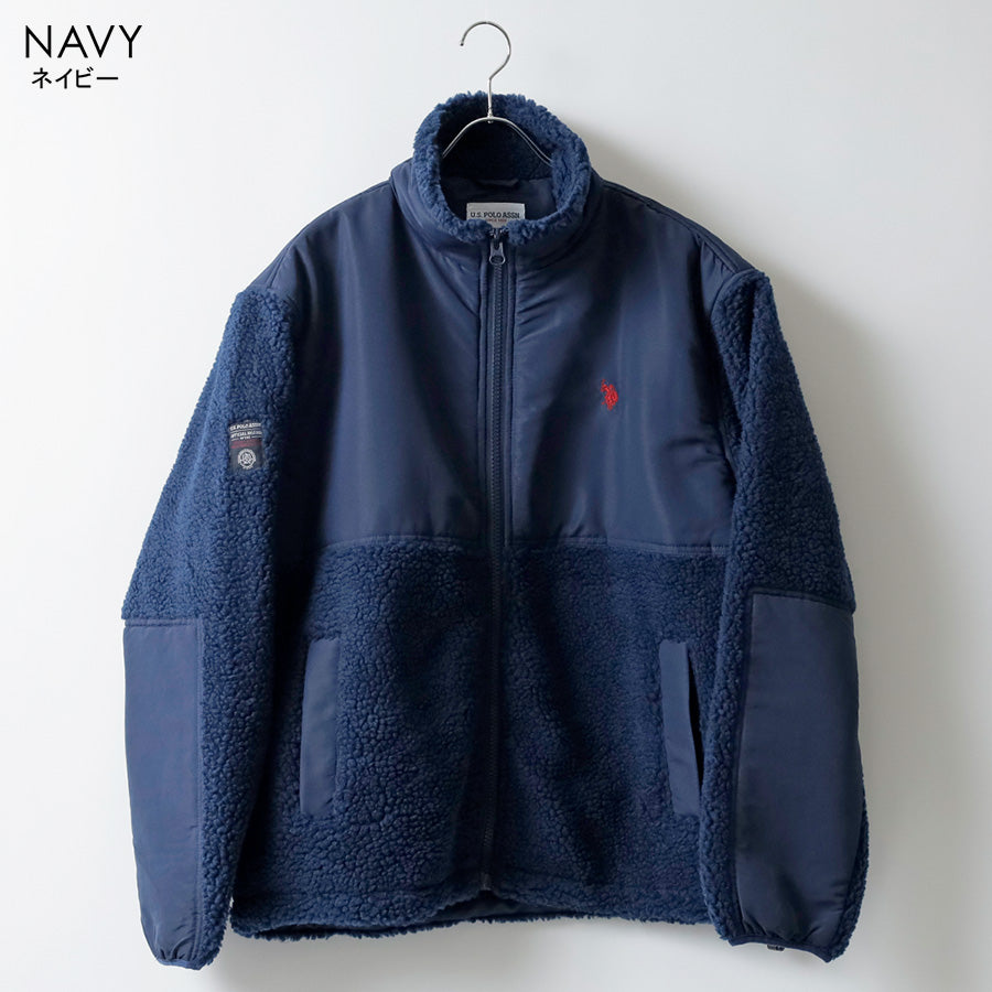 U.S. POLO ASSN. ユーエスポロアッスン ボア フリース ジャケット メンズ レディース ユニセックス スタンドジャケット ブルゾン オーバーサイズ ブランド ロゴ フルジップ 切替 軽量 ハイネック 暖かい 防寒着(3177140002)