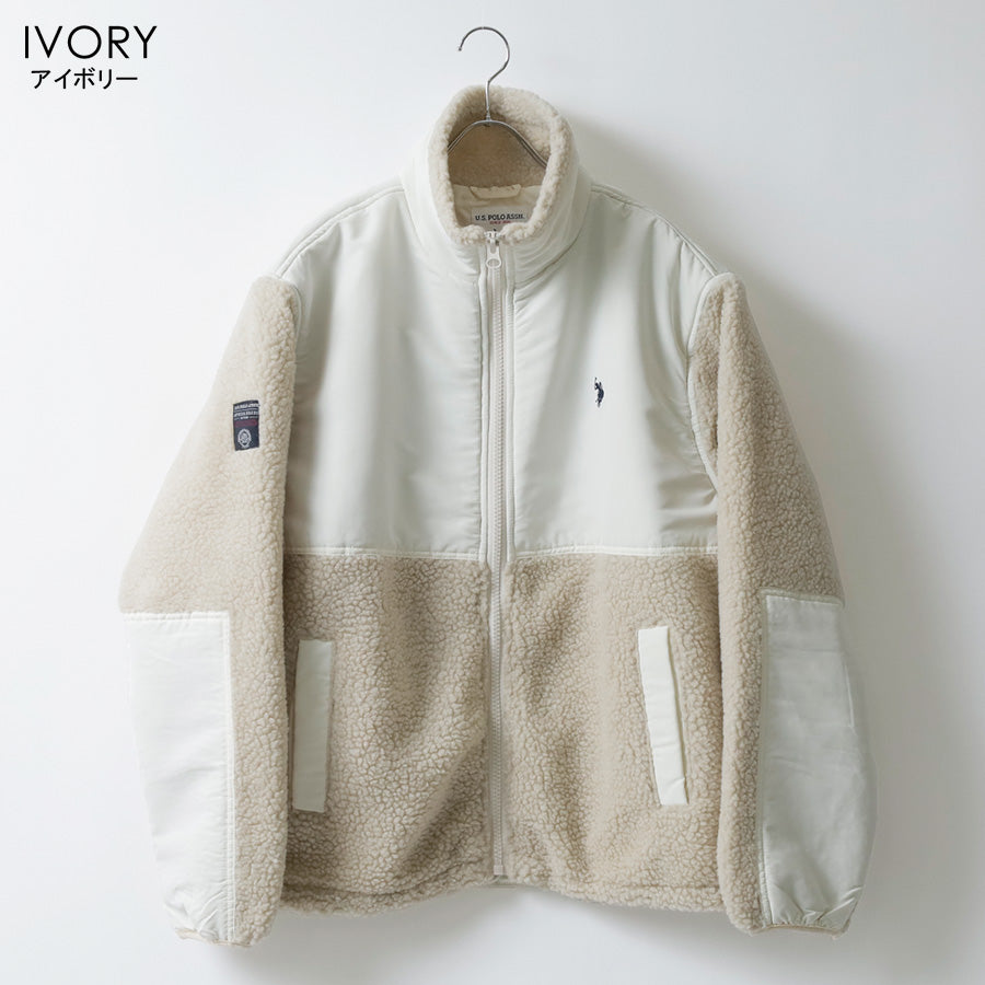 U.S. POLO ASSN. ユーエスポロアッスン ボア フリース ジャケット メンズ レディース ユニセックス スタンドジャケット ブルゾン オーバーサイズ ブランド ロゴ フルジップ 切替 軽量 ハイネック 暖かい 防寒着(3177140002)