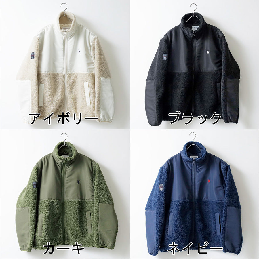U.S. POLO ASSN. ユーエスポロアッスン ボア フリース ジャケット メンズ レディース ユニセックス スタンドジャケット ブルゾン オーバーサイズ ブランド ロゴ フルジップ 切替 軽量 ハイネック 暖かい 防寒着(3177140002)