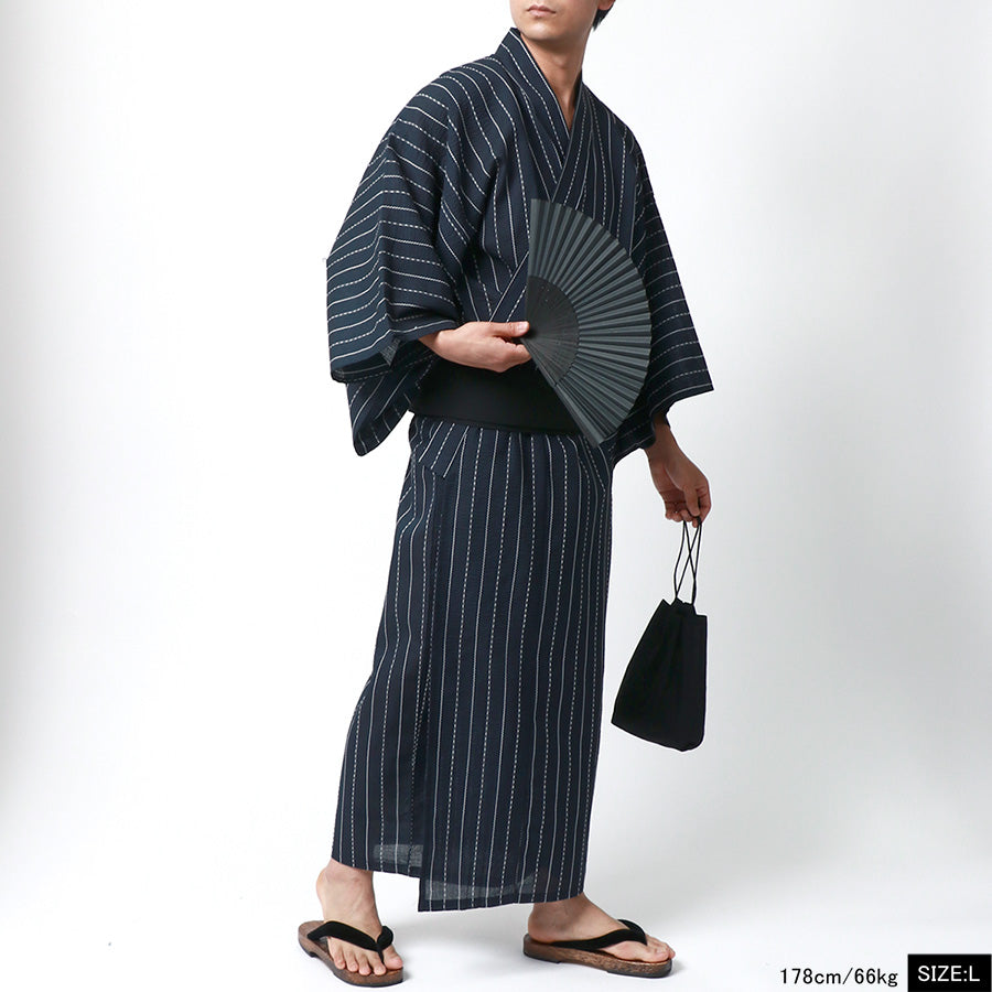 marukawa マルカワ 浴衣 メンズ 夏服 しじら 無地 ストライプ 5点セット ゆかた 和服 和装 浴衣セット 作り帯 下駄 扇子 信玄袋 巾着 レトロ モダン 清涼 涼しい(3192080016)