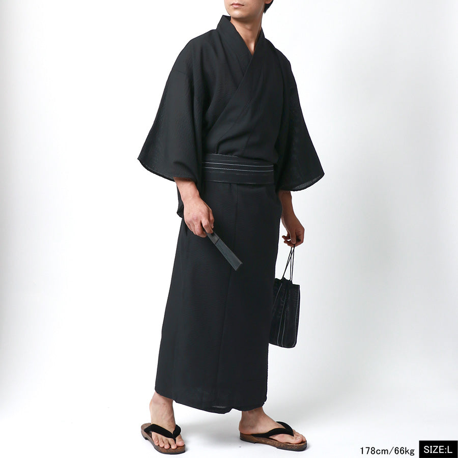 marukawa マルカワ 浴衣 メンズ 夏服 しじら 無地 ストライプ 5点セット ゆかた 和服 和装 浴衣セット 作り帯 下駄 扇子 信玄袋 巾着 レトロ モダン 清涼 涼しい(3192080016)
