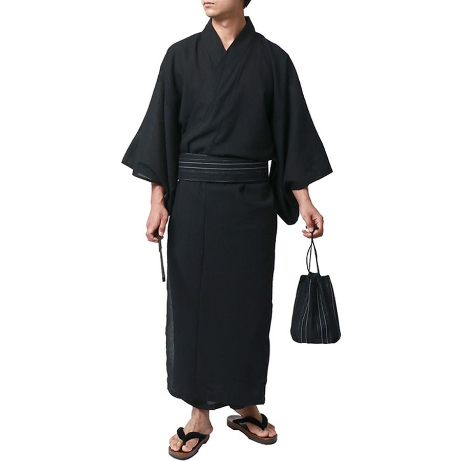 marukawa マルカワ 浴衣 メンズ 夏服 しじら 無地 ストライプ 5点セット ゆかた 和服 和装 浴衣セット 作り帯 下駄 扇子 信玄袋 巾着 レトロ モダン 清涼 涼しい(3192080016)