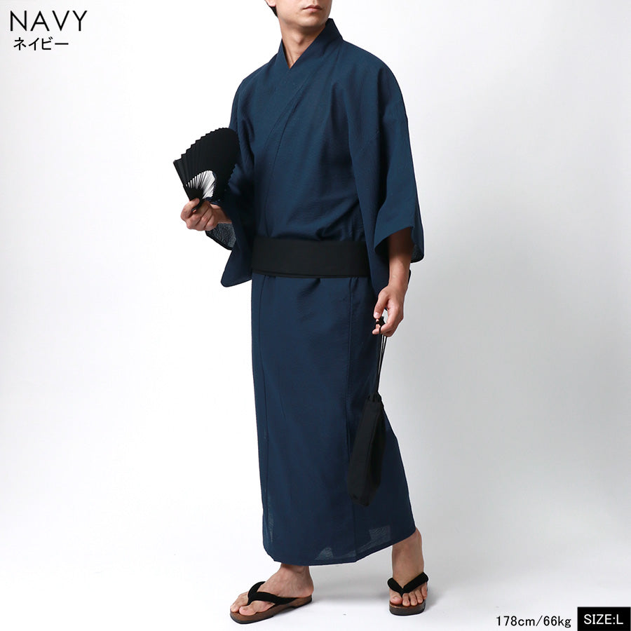 marukawa マルカワ 浴衣 メンズ 夏服 しじら 無地 ストライプ 5点セット ゆかた 和服 和装 浴衣セット 作り帯 下駄 扇子 信玄袋 巾着 レトロ モダン 清涼 涼しい(3192080016)