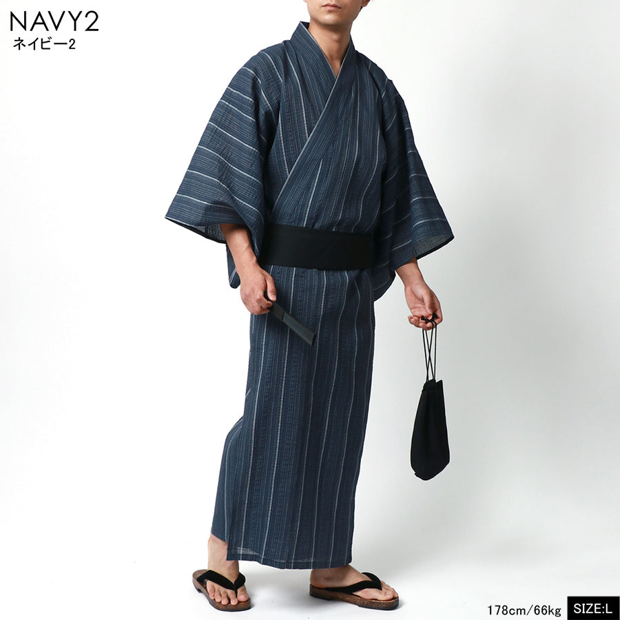 marukawa マルカワ 浴衣 メンズ 夏服 しじら 無地 ストライプ 5点セット ゆかた 和服 和装 浴衣セット 作り帯 下駄 扇子 信玄袋 巾着 レトロ モダン 清涼 涼しい(3192080016)