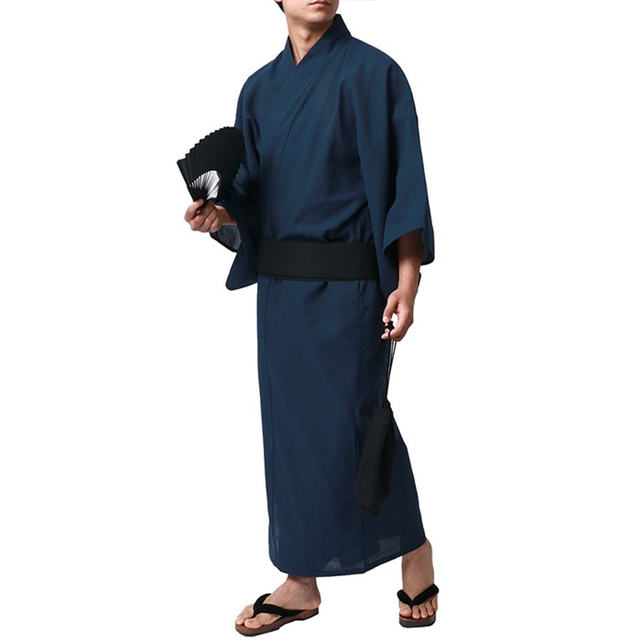 marukawa マルカワ 浴衣 メンズ 夏服 しじら 無地 ストライプ 5点セット ゆかた 和服 和装 浴衣セット 作り帯 下駄 扇子 信玄袋 巾着 レトロ モダン 清涼 涼しい(3192080016)