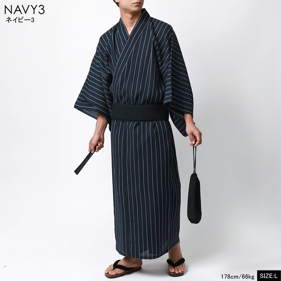marukawa マルカワ 浴衣 メンズ 夏服 しじら 無地 ストライプ 5点セット ゆかた 和服 和装 浴衣セット 作り帯 下駄 扇子 信玄袋 巾着 レトロ モダン 清涼 涼しい(3192080016)
