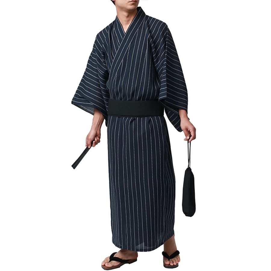 marukawa マルカワ 浴衣 メンズ 夏服 しじら 無地 ストライプ 5点セット ゆかた 和服 和装 浴衣セット 作り帯 下駄 扇子 信玄袋 巾着 レトロ モダン 清涼 涼しい(3192080016)
