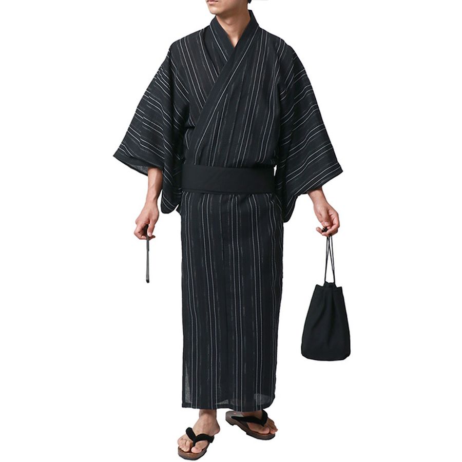 marukawa マルカワ 浴衣 メンズ 夏服 しじら 無地 ストライプ 5点セット ゆかた 和服 和装 浴衣セット 作り帯 下駄 扇子 信玄袋 巾着 レトロ モダン 清涼 涼しい(3192080016)