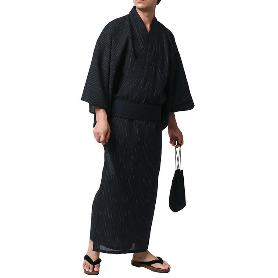 marukawa マルカワ 浴衣 メンズ 夏服 しじら 無地 ストライプ 5点セット ゆかた 和服 和装 浴衣セット 作り帯 下駄 扇子 信玄袋 巾着 レトロ モダン 清涼 涼しい(3192080016)