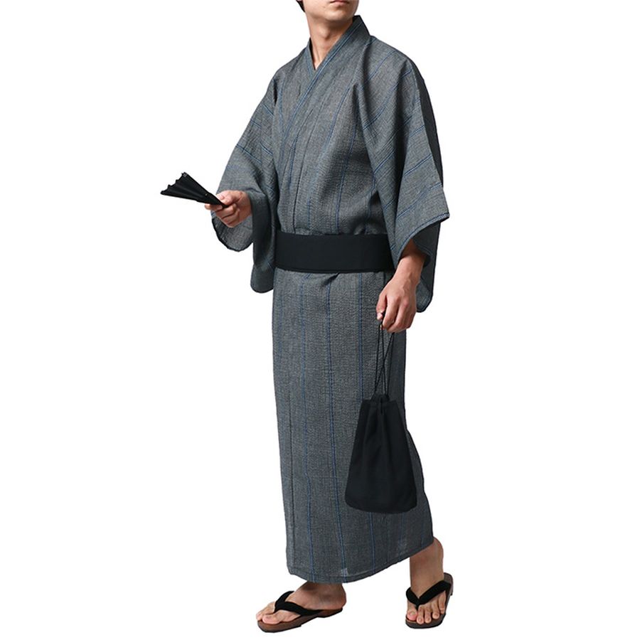 marukawa マルカワ 浴衣 メンズ 夏服 しじら 無地 ストライプ 5点セット ゆかた 和服 和装 浴衣セット 作り帯 下駄 扇子 信玄袋 巾着 レトロ モダン 清涼 涼しい(3192080016)