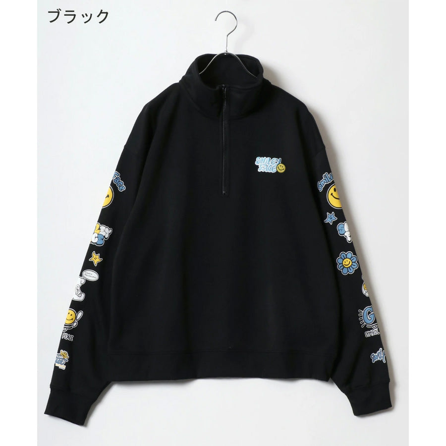 SMILEY FACE スマイリーフェイス スウェット トレーナー メンズ 裏起毛 ビッグシルエット ゆったり ハーフジップ シンプル ロゴ入り 長袖 大きいサイズ レディース(0122510147)