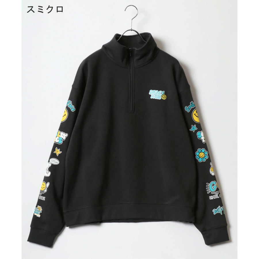SMILEY FACE スマイリーフェイス スウェット トレーナー メンズ 裏起毛 ビッグシルエット ゆったり ハーフジップ シンプル ロゴ入り 長袖 大きいサイズ レディース(0122510147)