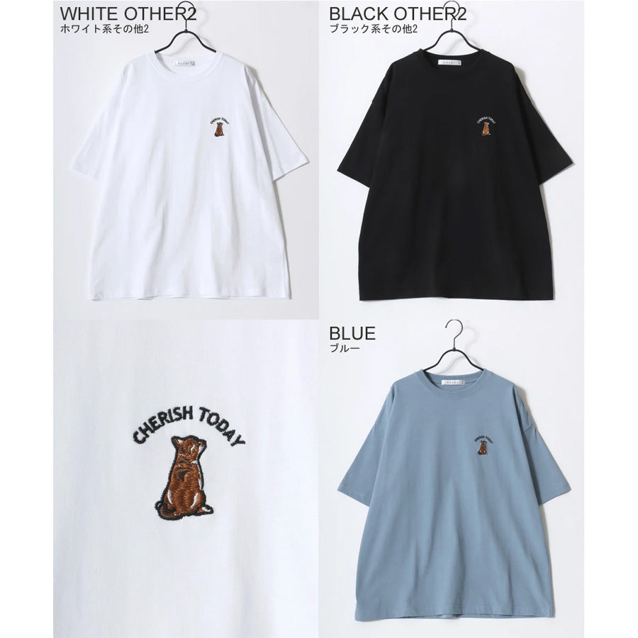 Lazar ラザル Tシャツ メンズ レディース ユニセックス 半袖 ビッグシルエット オーバーサイズ ロゴ ワンポイント 刺繍 アニマル柄 犬柄 猫柄 カットソー トップス(0115030059)