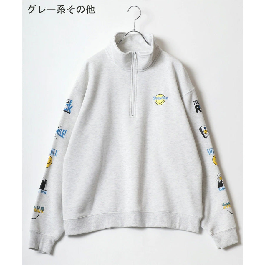 SMILEY FACE スマイリーフェイス スウェット トレーナー メンズ 裏起毛 ビッグシルエット ゆったり ハーフジップ シンプル ロゴ入り 長袖 大きいサイズ レディース(0122510147)