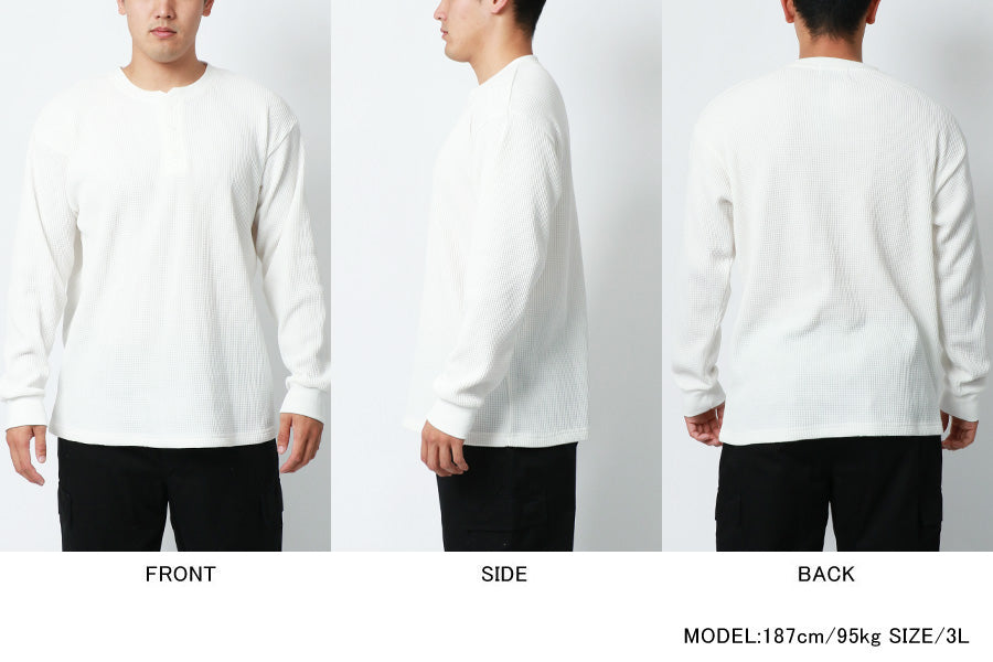 【大きいサイズ】MRU エムアールユー Tシャツ 長袖 大きいサイズ 秋冬 ヘンリーネック ワッフル 無地(6815030001)
