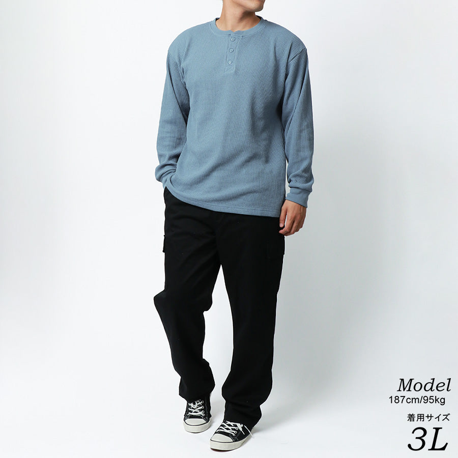 【大きいサイズ】MRU エムアールユー Tシャツ 長袖 大きいサイズ 秋冬 ヘンリーネック ワッフル 無地(6815030001)