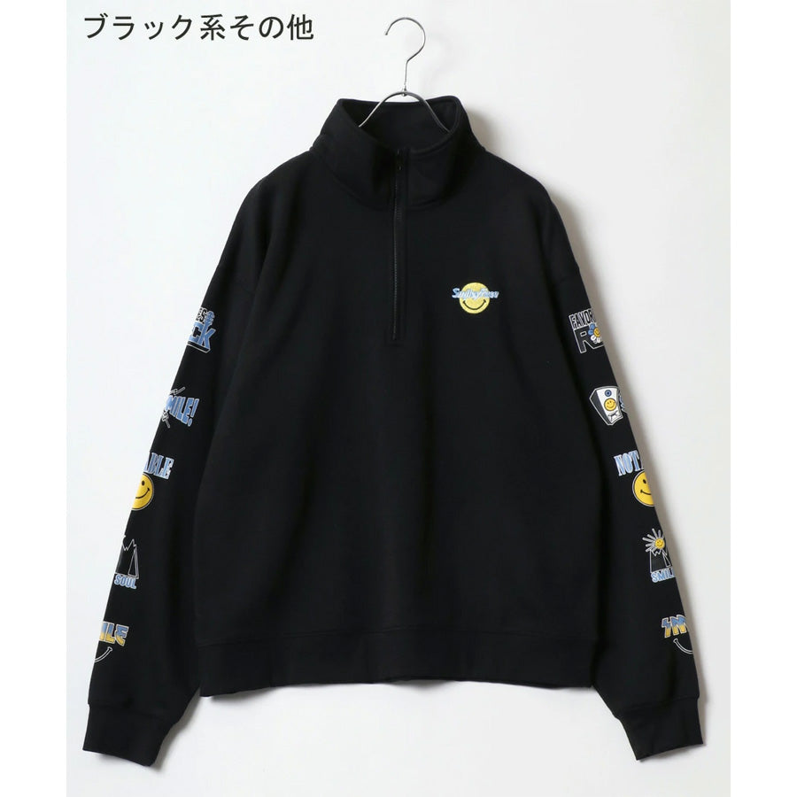 SMILEY FACE スマイリーフェイス スウェット トレーナー メンズ 裏起毛 ビッグシルエット ゆったり ハーフジップ シンプル ロゴ入り 長袖 大きいサイズ レディース(0122510147)