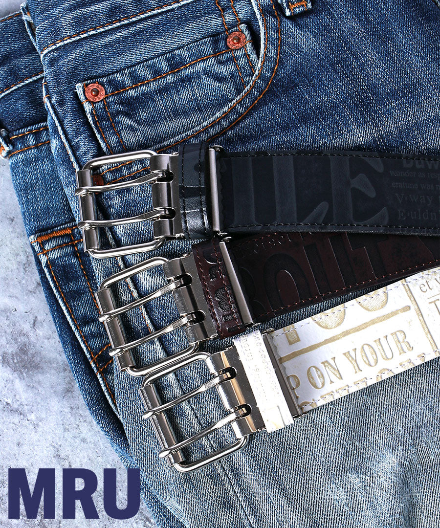 MRU エムアールユー ベルト メンズ PUレザー ダブルピン Wピンベルト ロングベルト ハトメベルト 革ベルト 日本製(7718490279)