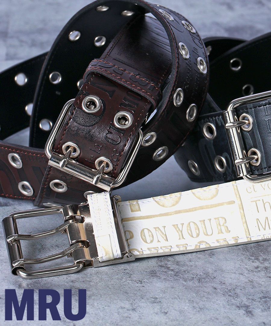 MRU エムアールユー ベルト メンズ PUレザー ダブルピン Wピンベルト ロングベルト ハトメベルト 革ベルト 日本製(7718490279)