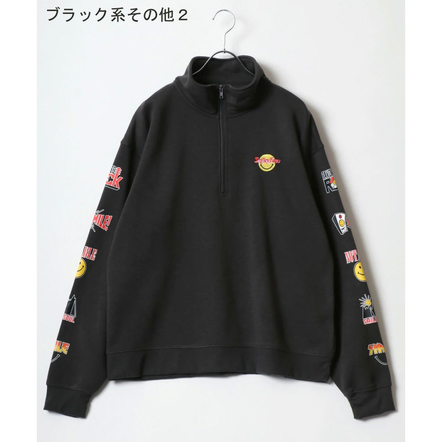 SMILEY FACE スマイリーフェイス スウェット トレーナー メンズ 裏起毛 ビッグシルエット ゆったり ハーフジップ シンプル ロゴ入り 長袖 大きいサイズ レディース(0122510147)