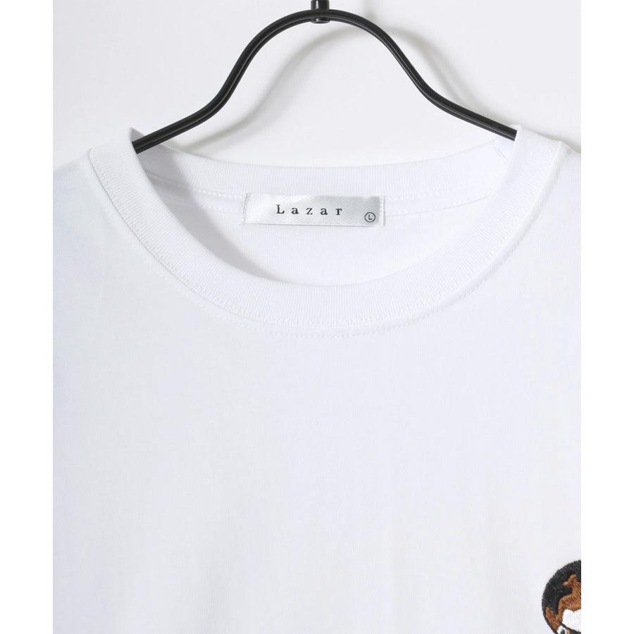 Lazar ラザル Tシャツ メンズ レディース ユニセックス 半袖 ビッグシルエット オーバーサイズ ロゴ ワンポイント 刺繍 アニマル柄 犬柄 猫柄 カットソー トップス(0115030059)