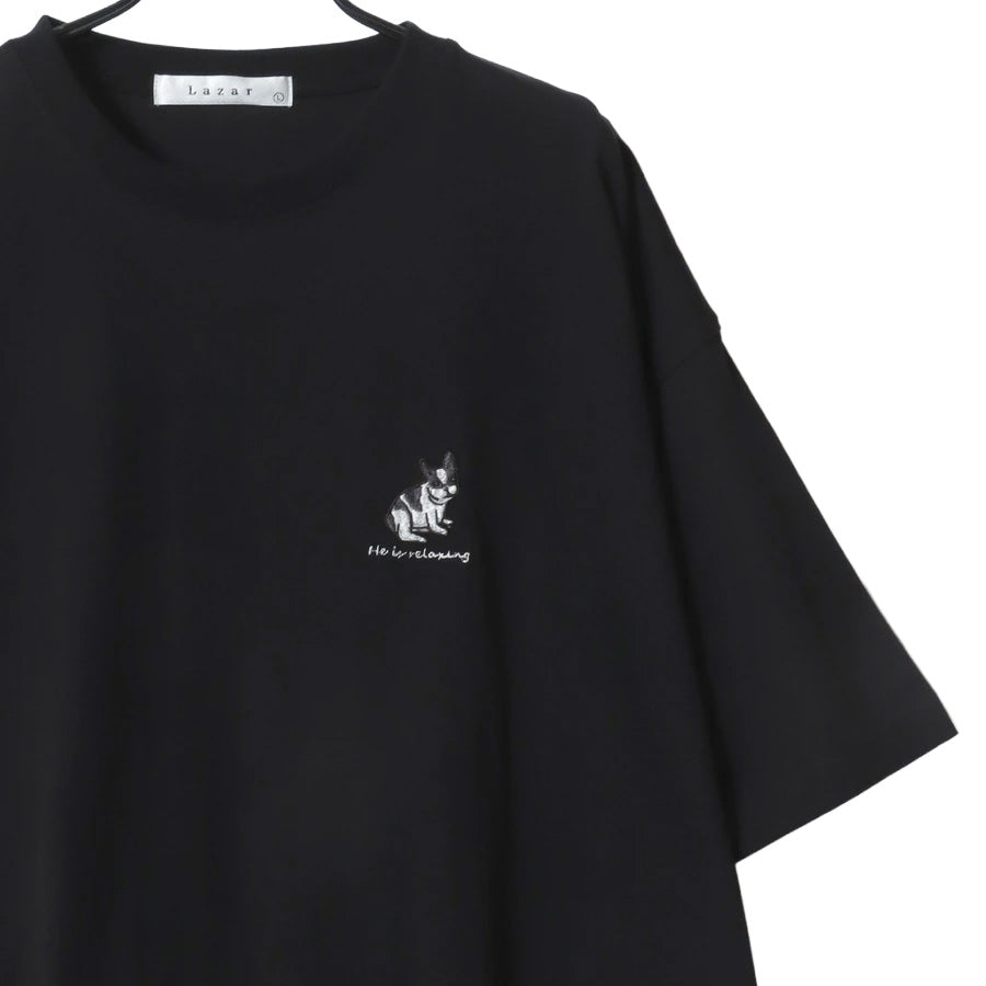 Lazar ラザル Tシャツ メンズ レディース ユニセックス 半袖 ビッグシルエット オーバーサイズ ロゴ ワンポイント 刺繍 アニマル柄 犬柄 猫柄 カットソー トップス(0115030059)