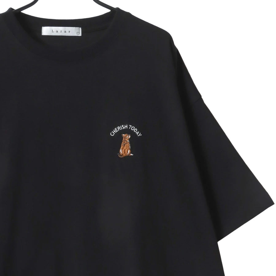 Lazar ラザル Tシャツ メンズ レディース ユニセックス 半袖 ビッグシルエット オーバーサイズ ロゴ ワンポイント 刺繍 アニマル柄 犬柄 猫柄 カットソー トップス(0115030059)