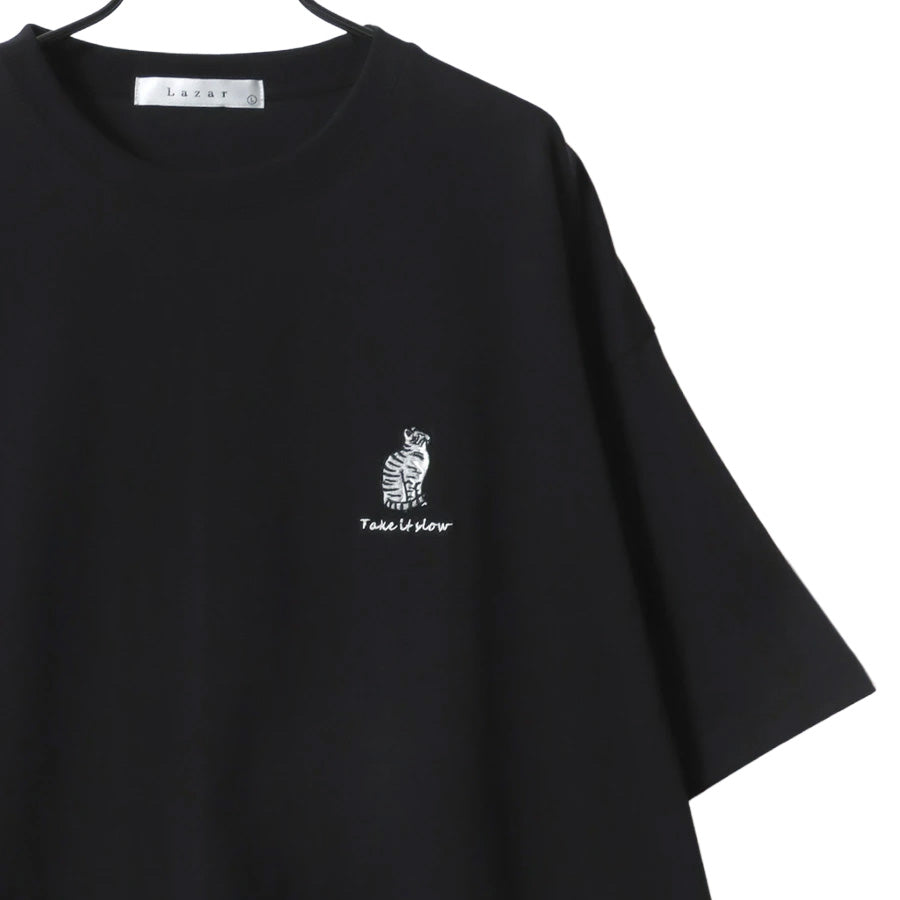 Lazar ラザル Tシャツ メンズ レディース ユニセックス 半袖 ビッグシルエット オーバーサイズ ロゴ ワンポイント 刺繍 アニマル柄 犬柄 猫柄 カットソー トップス(0115030059)