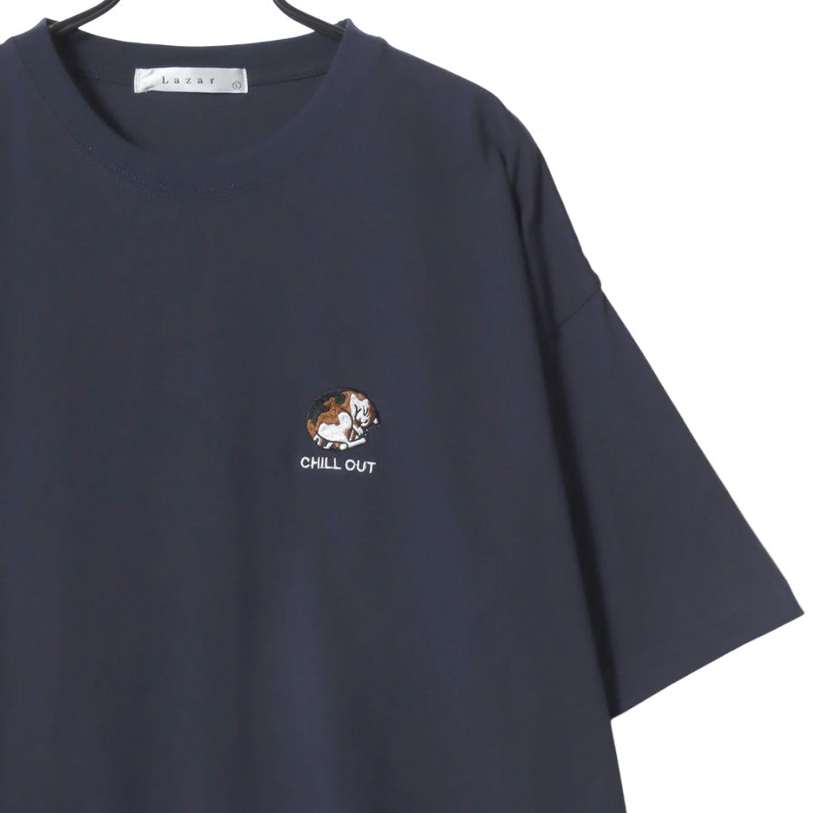 Lazar ラザル Tシャツ メンズ レディース ユニセックス 半袖 ビッグシルエット オーバーサイズ ロゴ ワンポイント 刺繍 アニマル柄 犬柄 猫柄 カットソー トップス(0115030059)