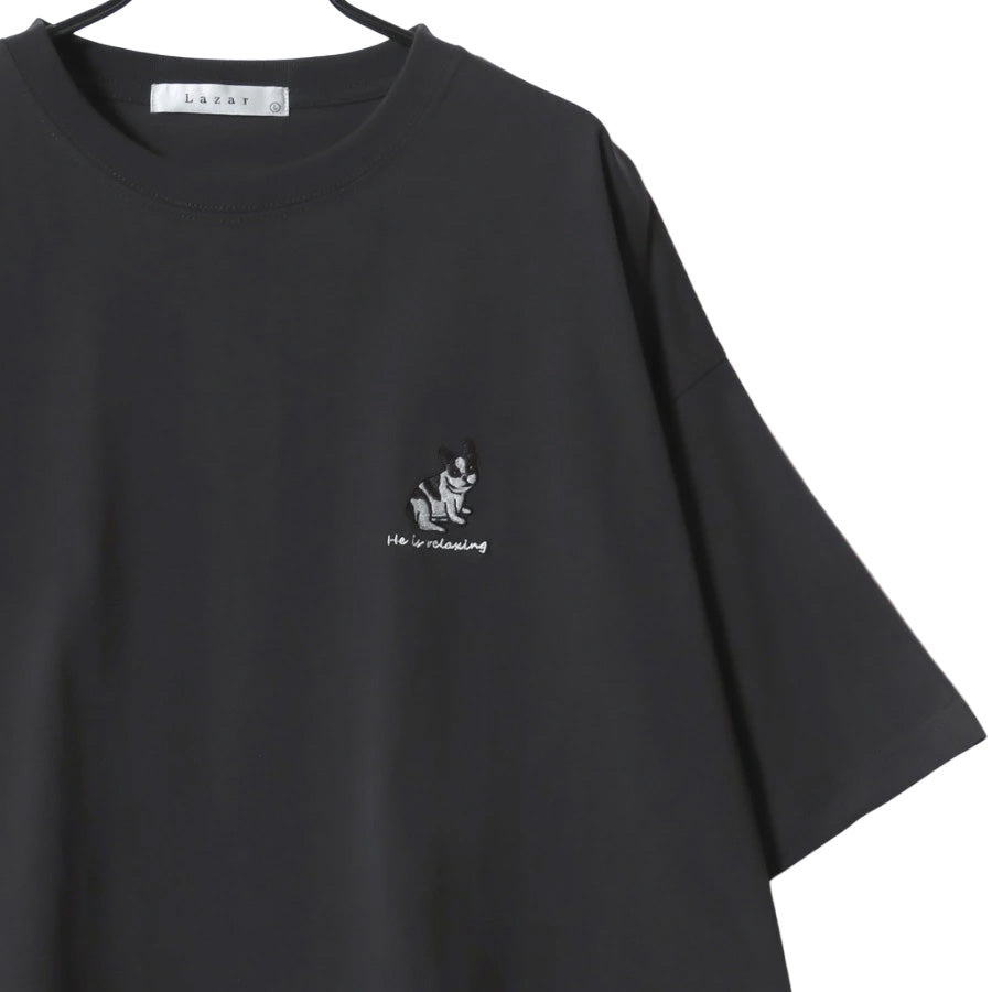 Lazar ラザル Tシャツ メンズ レディース ユニセックス 半袖 ビッグシルエット オーバーサイズ ロゴ ワンポイント 刺繍 アニマル柄 犬柄 猫柄 カットソー トップス(0115030059)