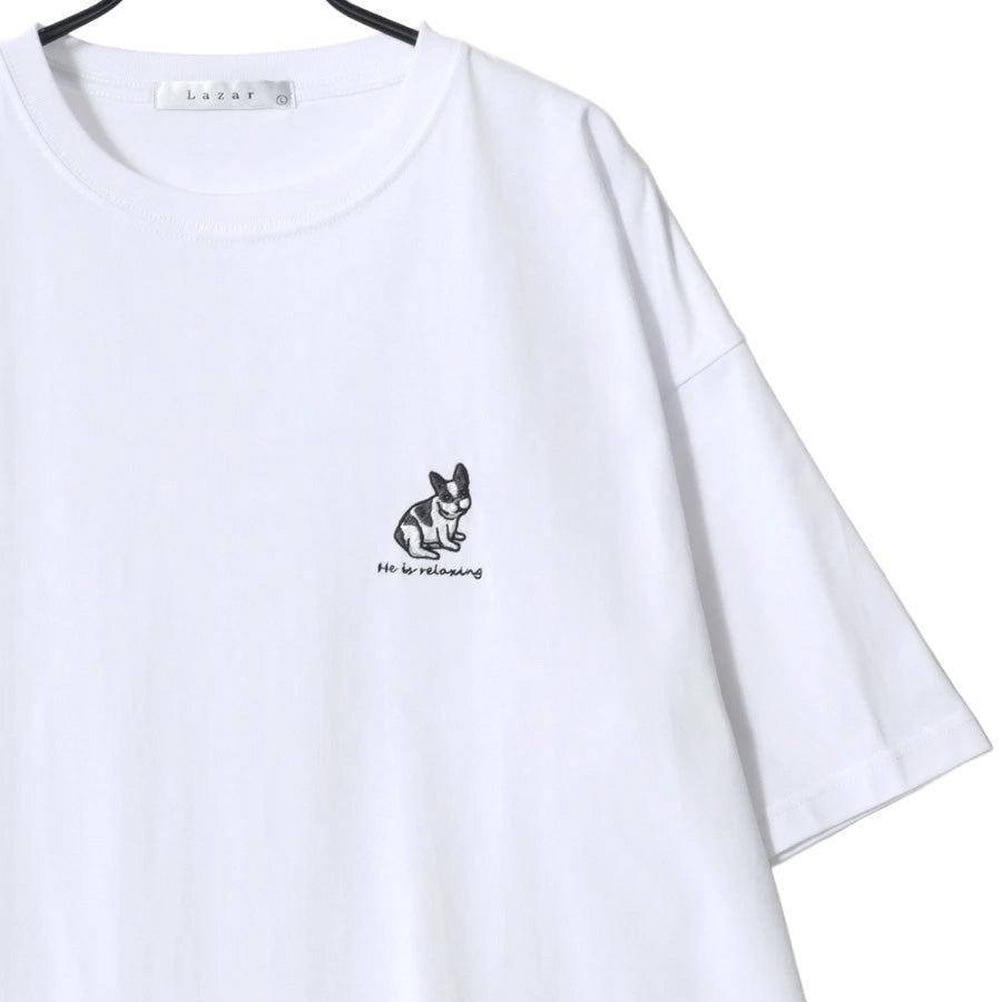 Lazar ラザル Tシャツ メンズ レディース ユニセックス 半袖 ビッグシルエット オーバーサイズ ロゴ ワンポイント 刺繍 アニマル柄 犬柄 猫柄 カットソー トップス(0115030059)