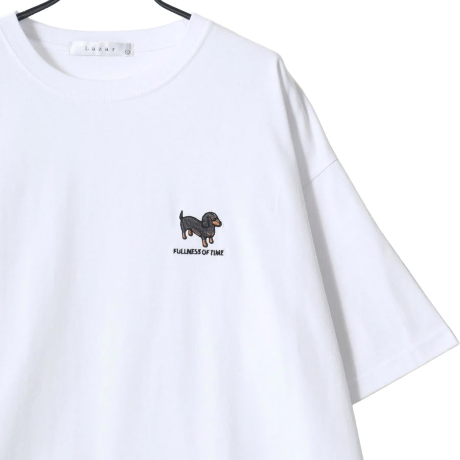 Lazar ラザル Tシャツ メンズ レディース ユニセックス 半袖 ビッグシルエット オーバーサイズ ロゴ ワンポイント 刺繍 アニマル柄 犬柄 猫柄 カットソー トップス(0115030059)
