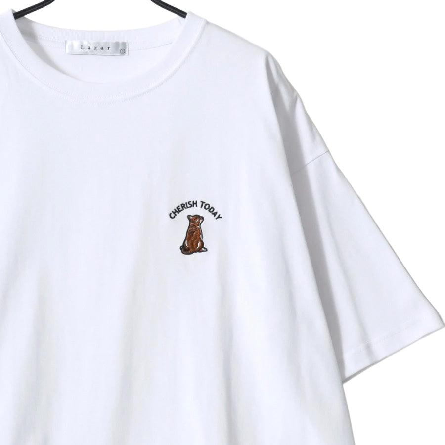 Lazar ラザル Tシャツ メンズ レディース ユニセックス 半袖 ビッグシルエット オーバーサイズ ロゴ ワンポイント 刺繍 アニマル柄 犬柄 猫柄 カットソー トップス(0115030059)