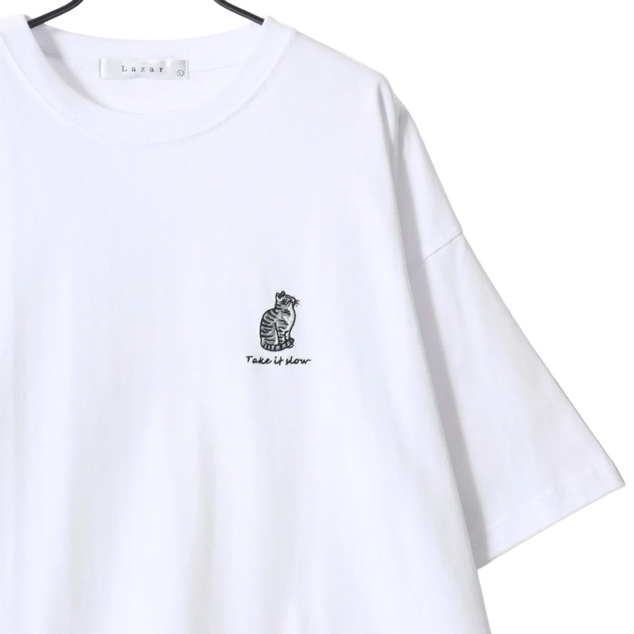 Lazar ラザル Tシャツ メンズ レディース ユニセックス 半袖 ビッグシルエット オーバーサイズ ロゴ ワンポイント 刺繍 アニマル柄 犬柄 猫柄 カットソー トップス(0115030059)