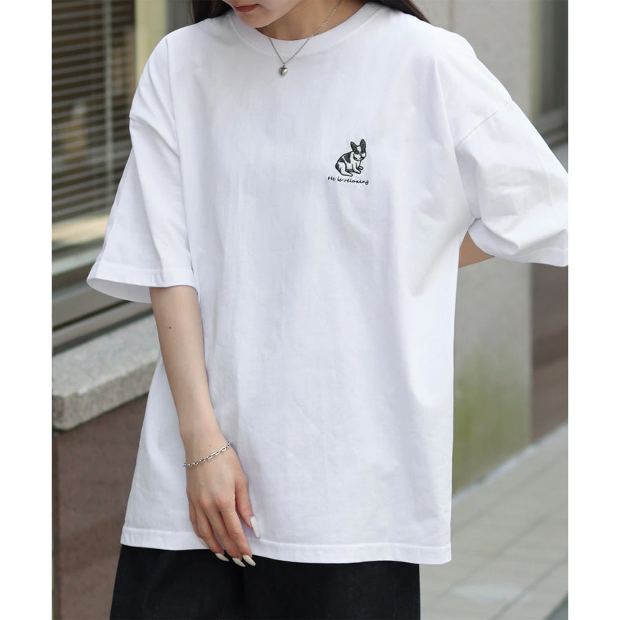 Lazar ラザル Tシャツ メンズ レディース ユニセックス 半袖 ビッグシルエット オーバーサイズ ロゴ ワンポイント 刺繍 アニマル柄 犬柄 猫柄 カットソー トップス（0115030059）