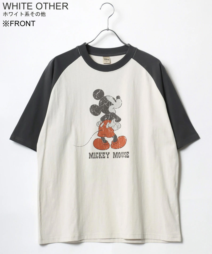 Disney ディズニー ミッキーマウス Tシャツ 半袖 メンズ レディース ユニセックス キャラクター ヴィンテージ調 プリント ラグラン 綿100％（0112281239）